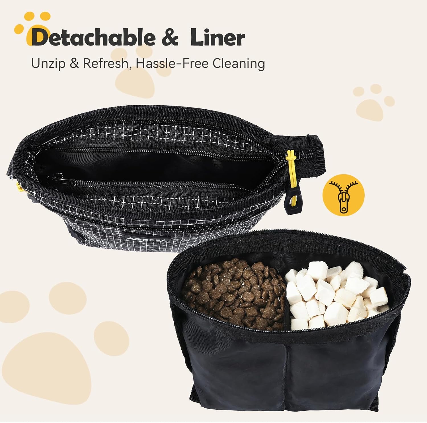Detalle 2 de AGPTEK Leckerlitasche für Hunde – Futterbeutel mit Umhängevorrichtung und Kotbeutelspender, Schwarz