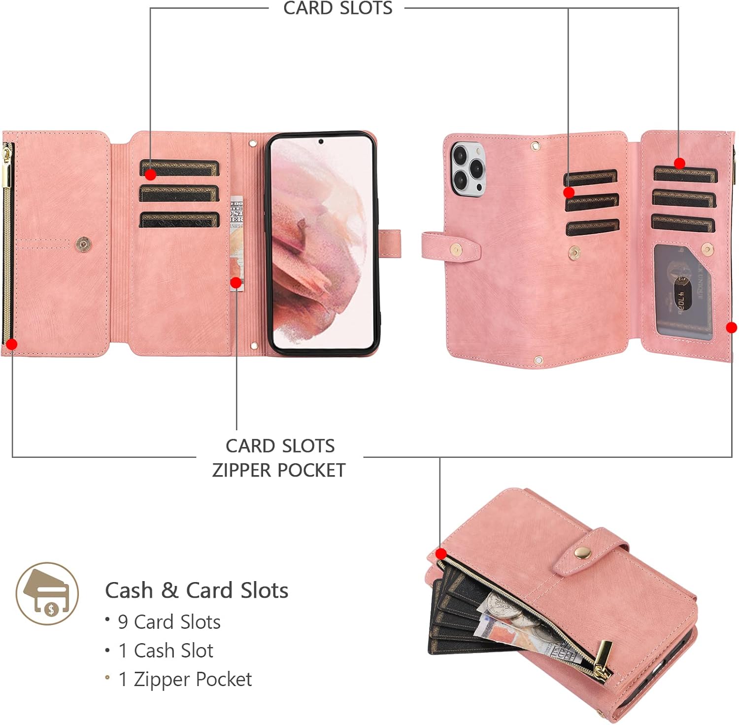 Detalle de UEEBAI Hülle für iPhone 15 Pro 6,1 Zoll – Retro Leder Wallet Case mit 9 Kartenfächern, Umhängegurt, Handschlaufe, Standfunktion und Reißverschluss, Magnetverschluss, Rosa