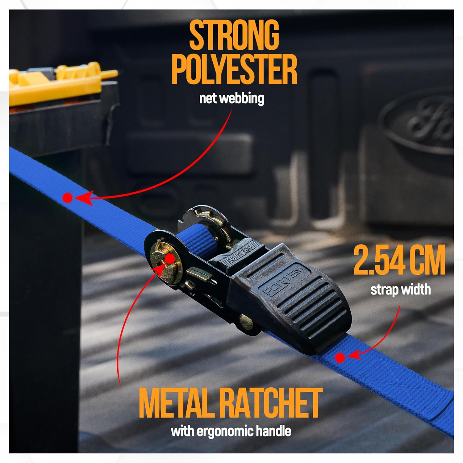 Detalle 2 de FORTEM Ratchet Straps Tie Down Kit (4-Pack) – 748kg break strength, 4.6m x 2.54cm