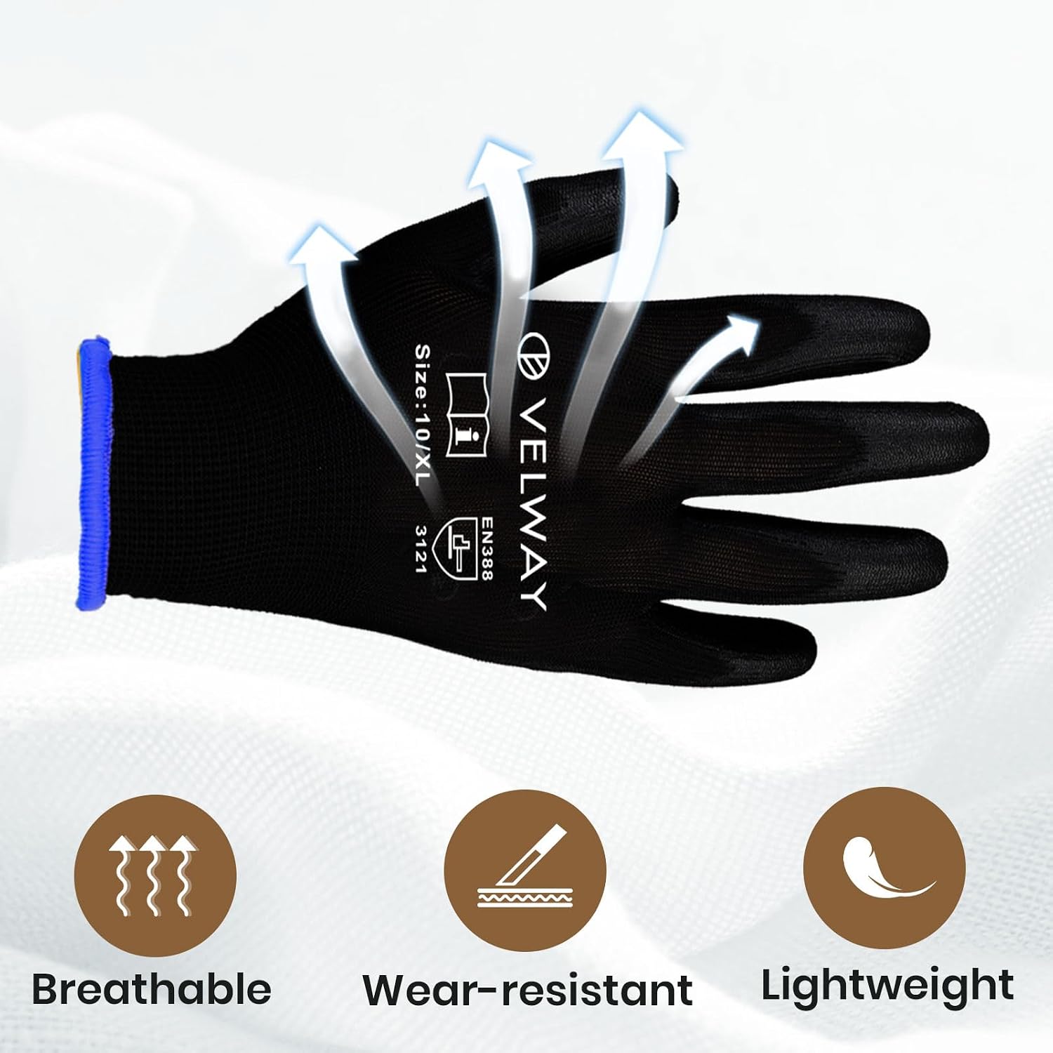 Detalle de Velway 12 Pairs Safety Work Gloves – Firm Grip PU Coated, EN388, Size XL (10/XL)