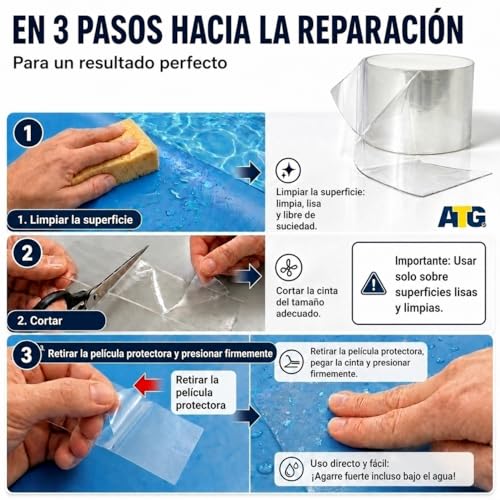 Detalle de ATG Kit reparación piscina bajo el agua: cinta adhesiva impermeable 10×150 cm para parches transparentes