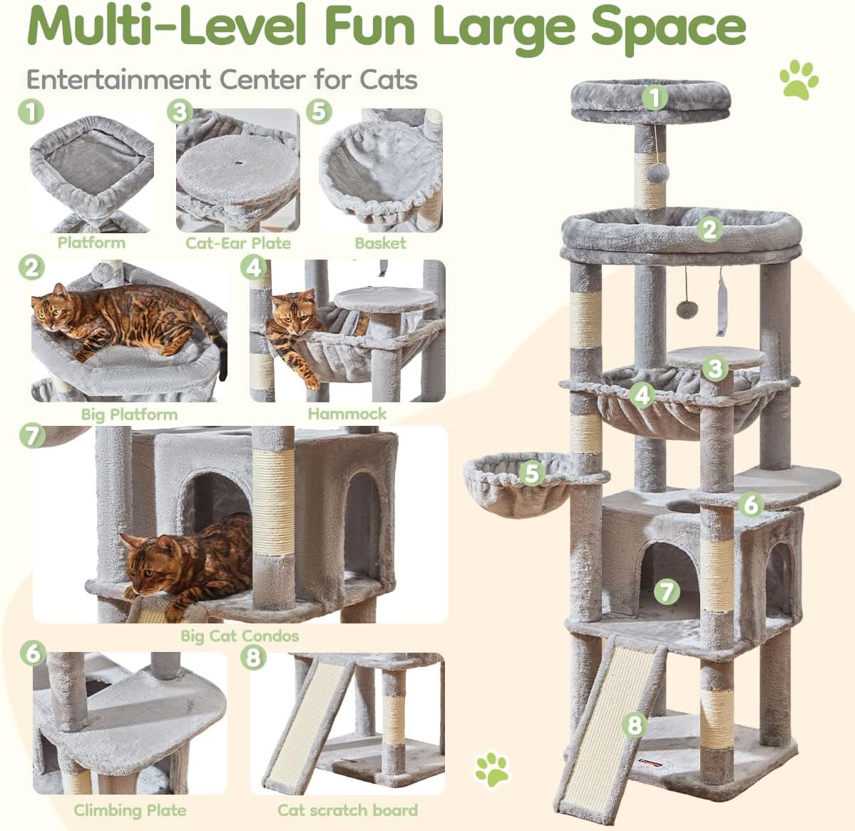 Detalle 2 de Taoqimiao 183cm Cat Tree (MS045W) with Big Cat Platforms, Scratching Posts & Metal Hammock