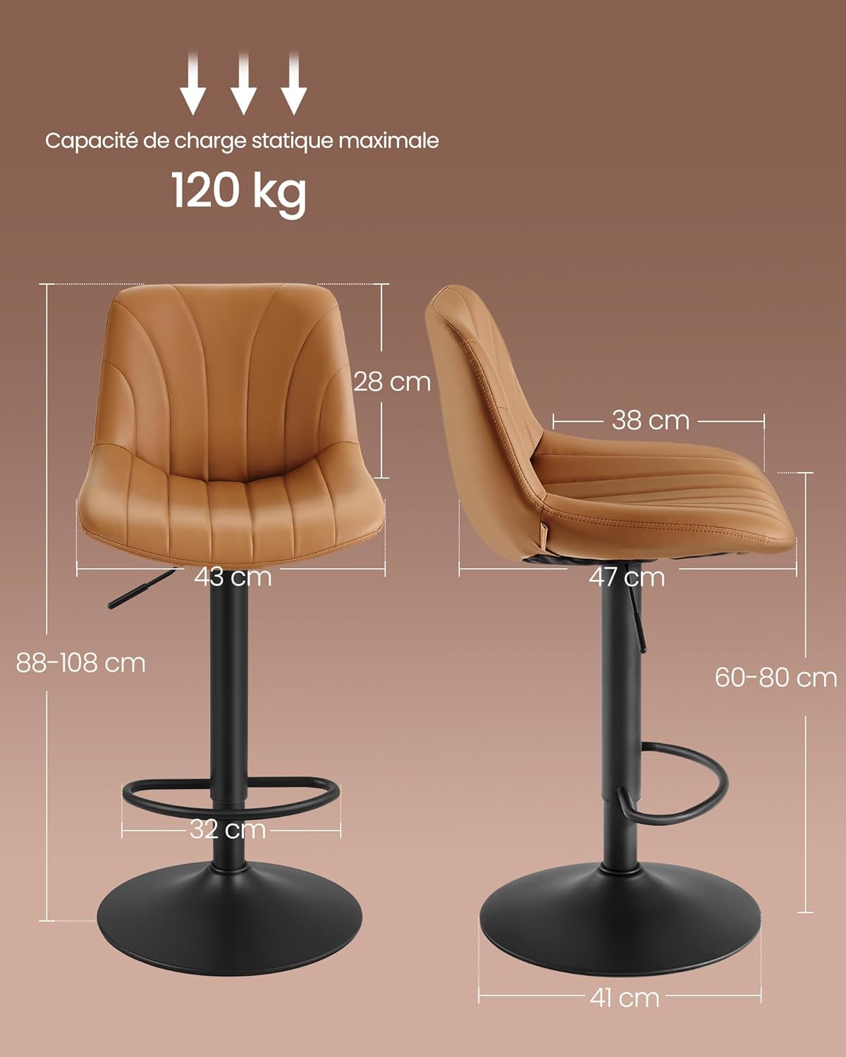 Thumbnail 1 de VASAGLE lot de 2 tabourets de bar avec dossier PU, hauteur réglable 60–80 cm et rotation 360° (LJB181KN01) marron caramel
