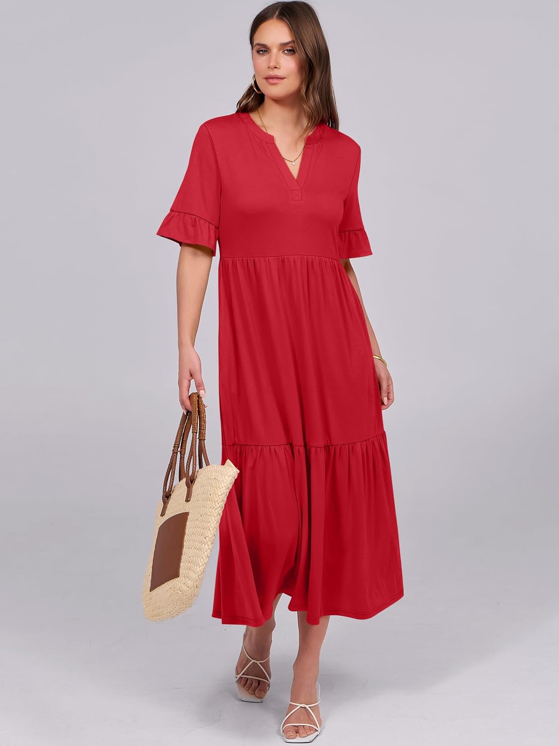 Detalle de ANRABESS Womens Summer Maxi Dress: Casual Ruffle Sleeve V-Neck Boho Midi-Vibe