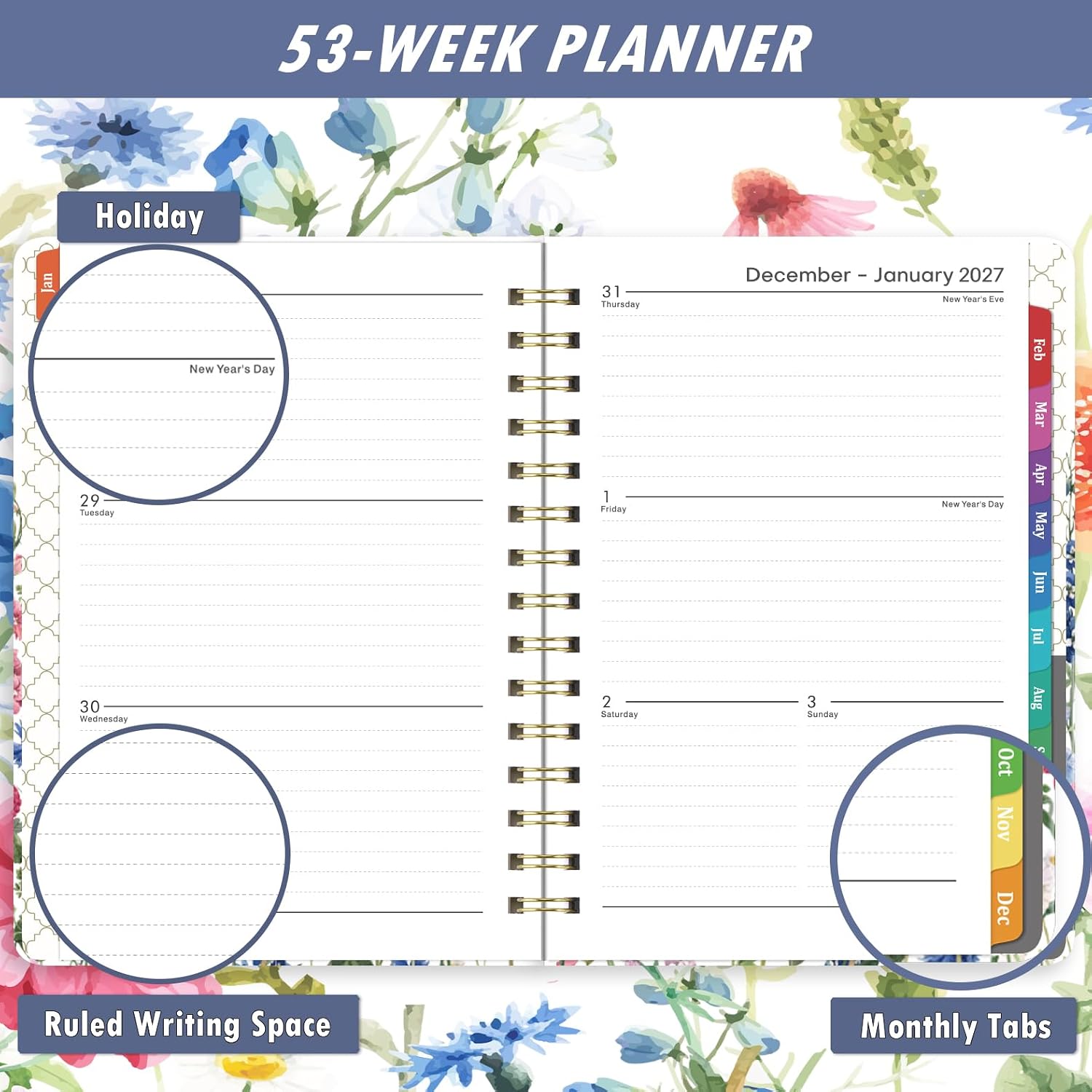 Detalle de Planrage 2027 Planner, Weekly and Monthly Hardcover with Floral Cover and Colorful Tabs