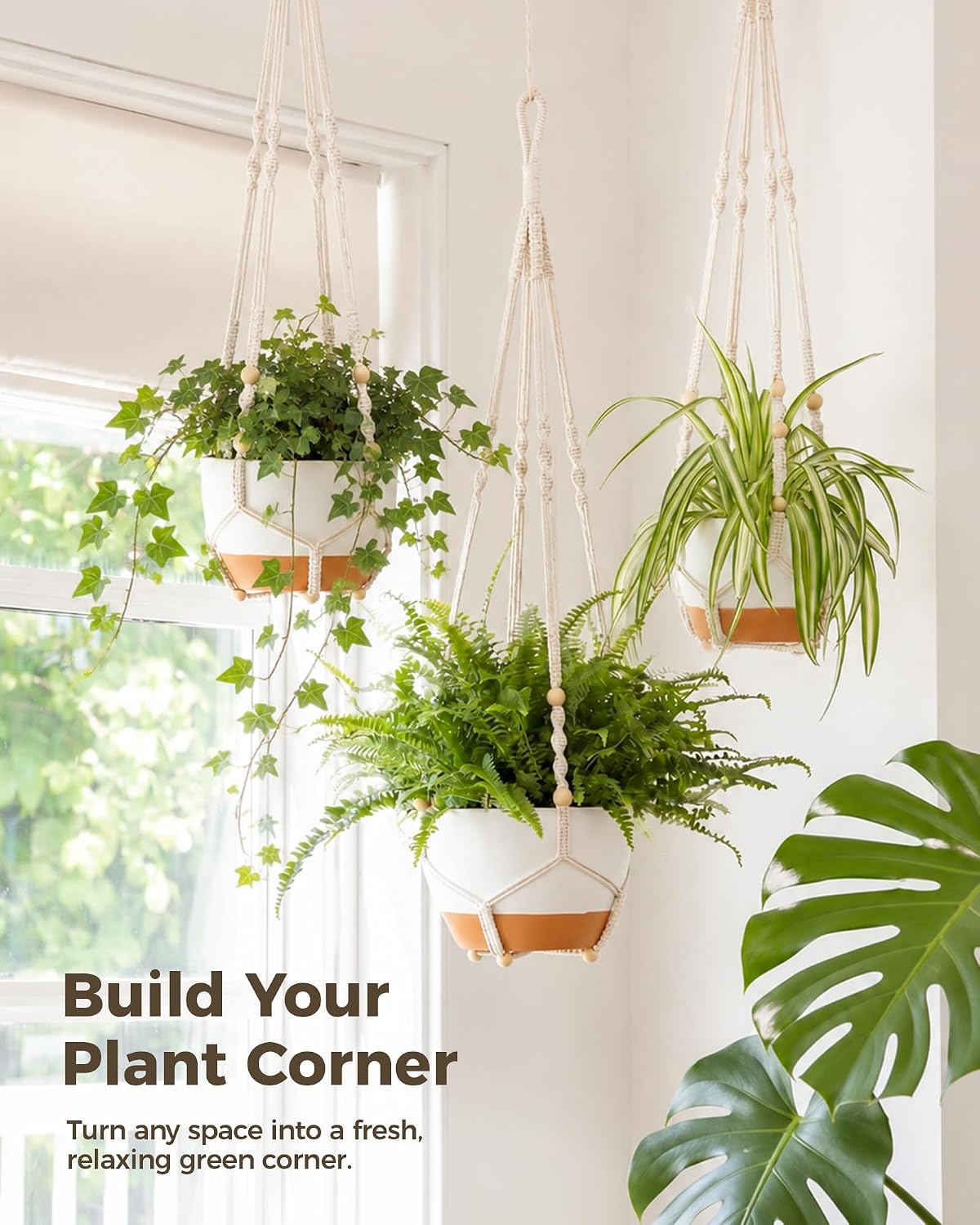 Detalle de Bamworld Set di 3 Portavasi da Appendere in Macramé con Autorinnaio – Vasi Sospesi 28/23/20 cm, Bianco