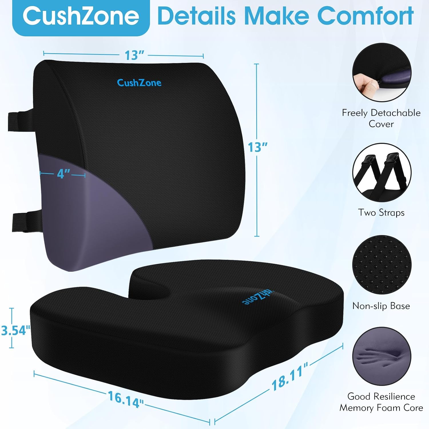 Thumbnail 2 de CushZone CZ0003-L-BL X-Large Seat Cushion and Lumbar Pillow, Black Memory Foam