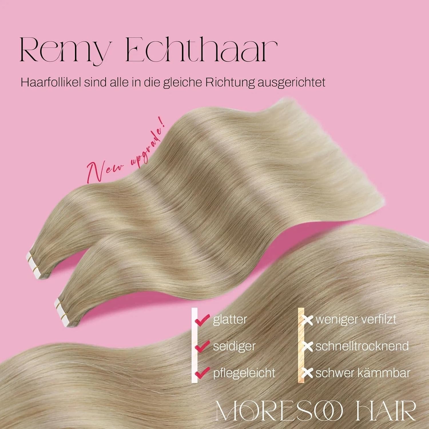 Detalle 2 de Moresoo Tape Extensions Echthaar – 20 Stück Aschblond/Platinblond, 50 cm, 50 g, Glattes Haar