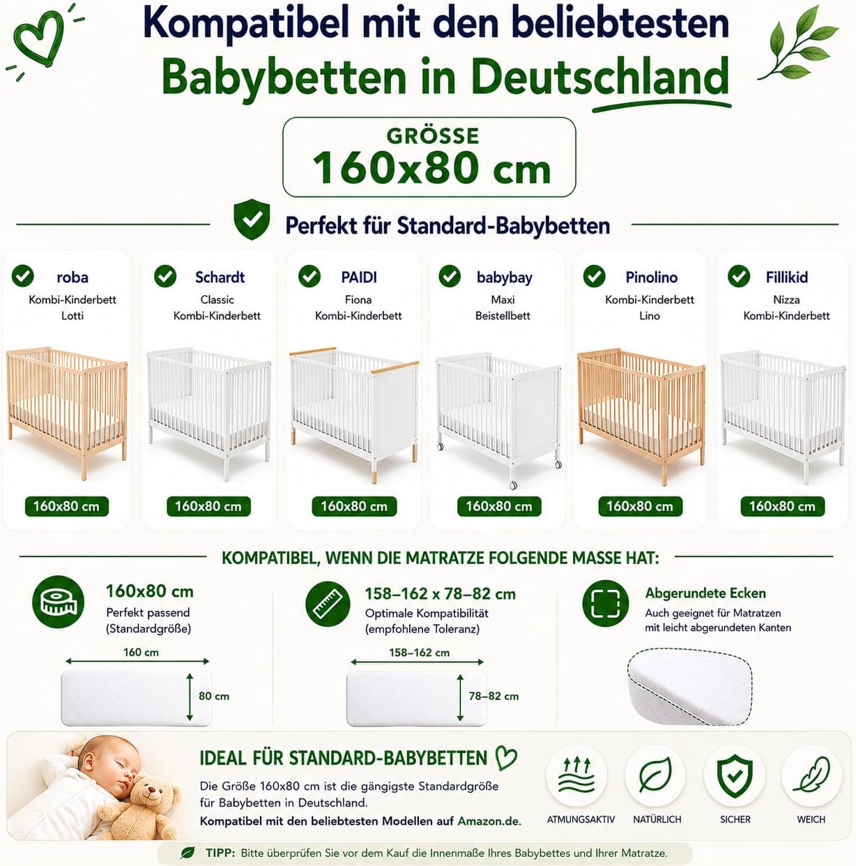 Detalle de Flyideas wasserdichter Matratzenschoner fürs Babybett 80x160 cm (2er-Set) mit Bambus-Zertifizierung