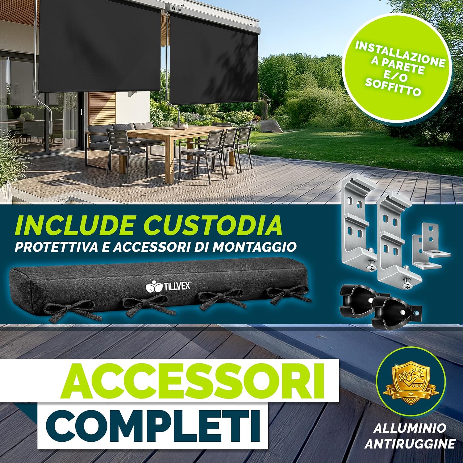 Detalle 2 de tillvex Tenda da sole verticale 140 x 250 cm Nero – impermeabile, con manovella, per balcone e giardino