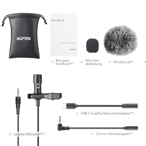 Thumbnail 6 de AGPTEK Lavalier Mikrofon, 2 m Mini Omnidirectional Kondensator – kompatibel mit Smartphone, PC und DSLR