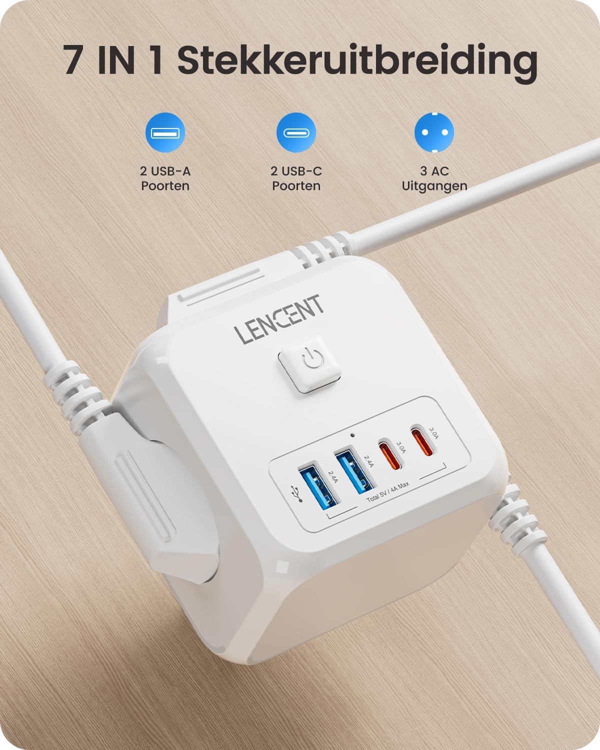 Detalle de LENCENT PA037EU-2A2C kubus-stekkerdoos met 3 stopcontacten en 4 USB-poorten