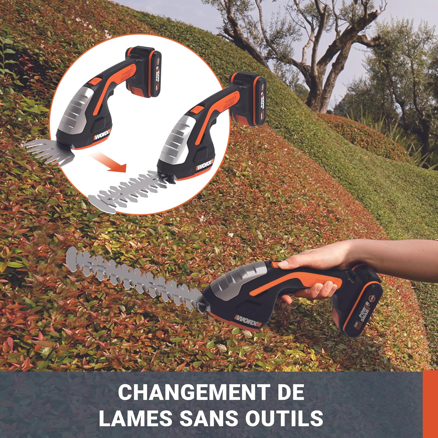 Detalle de WORX Set Sculpte-Haies et Taille-Herbes sans Fil 20V WG801E.91 — 4 lames et mallette