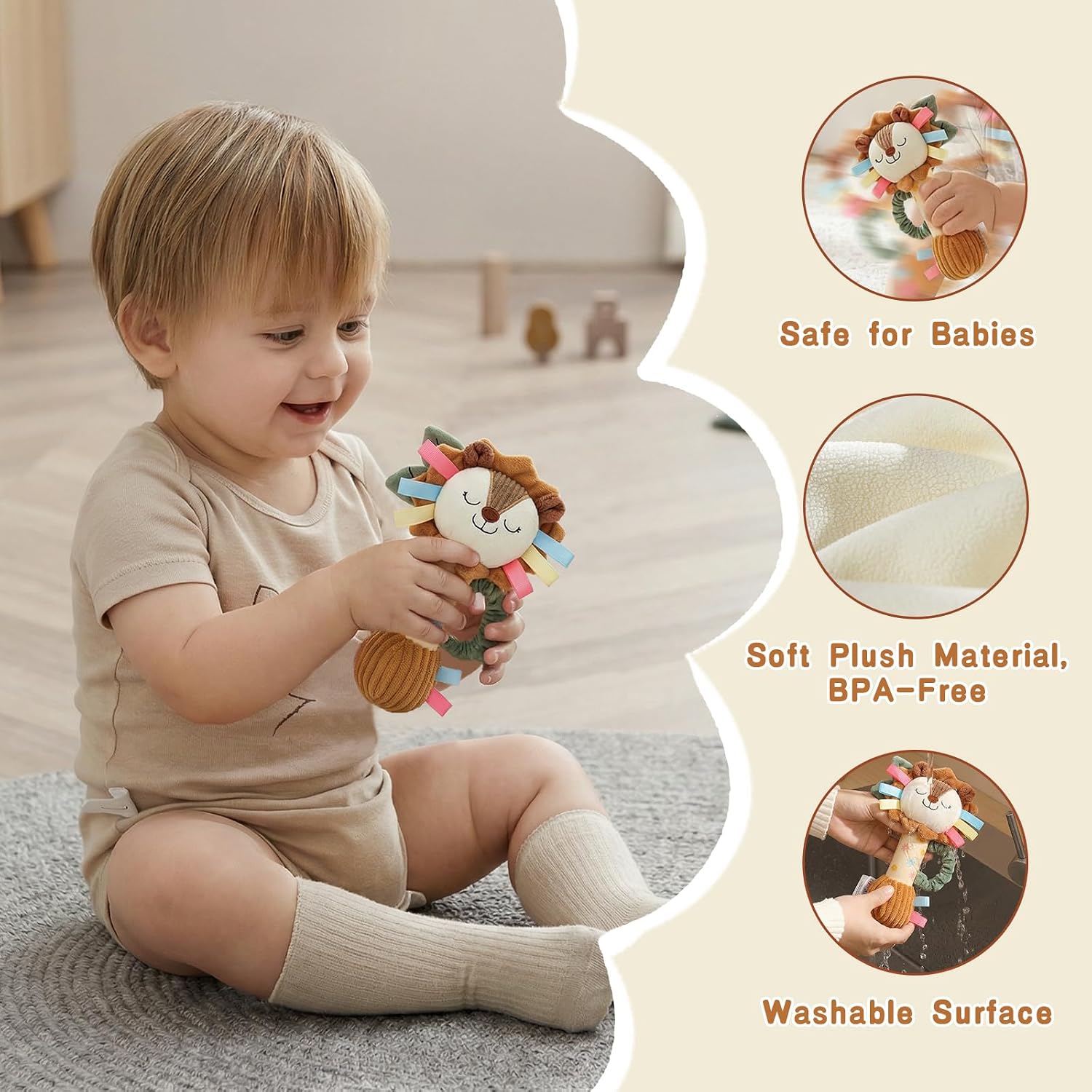Detalle de TYRY.HU Baby Rassel Spielzeug – Plüsch Löwe, Greifring mit Knisterblatt und Quietsche