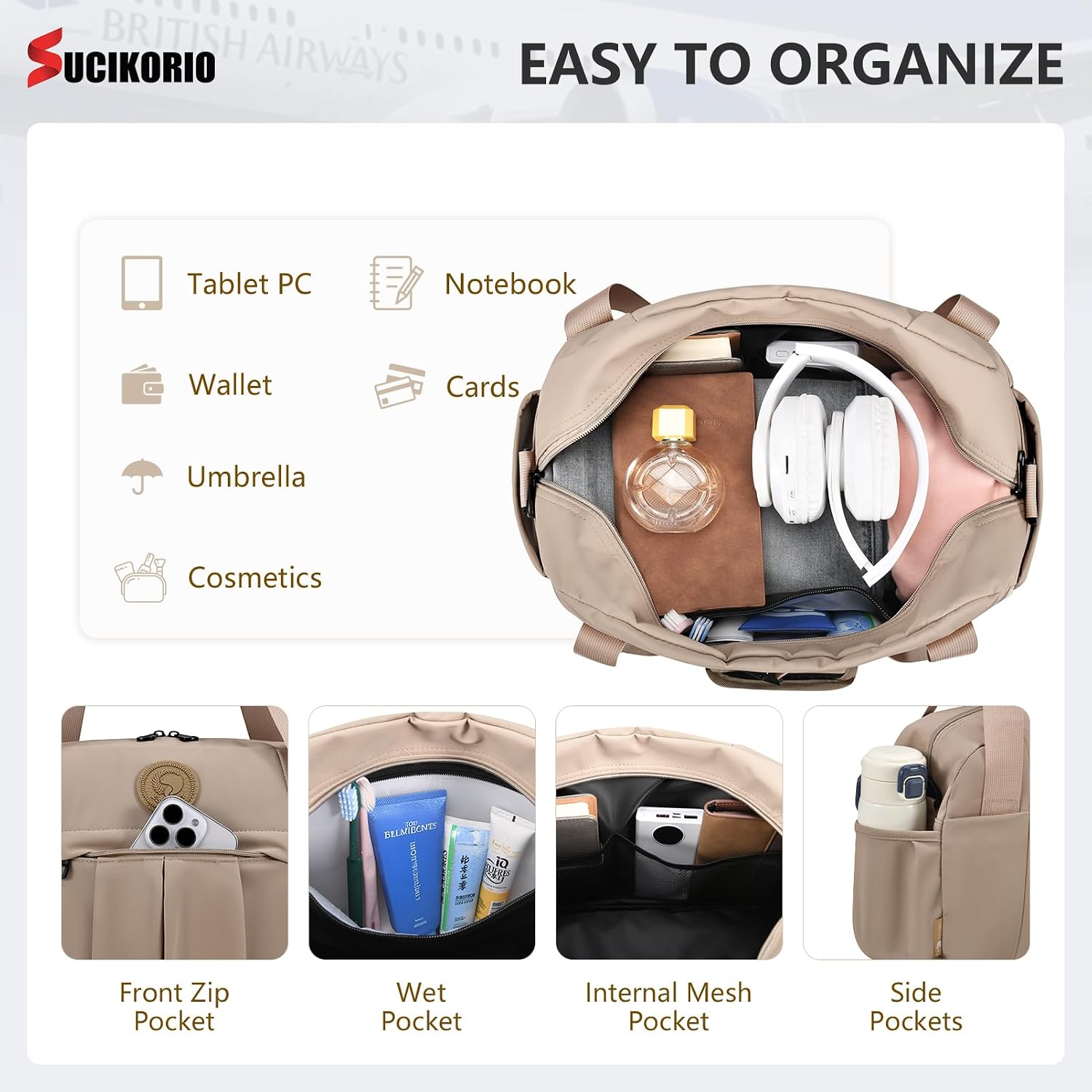 Detalle de SUCIKORIO borsa da viaggio impermeabile 40x30x15 cm, 18L – bagaglio a mano con tasca bagnata