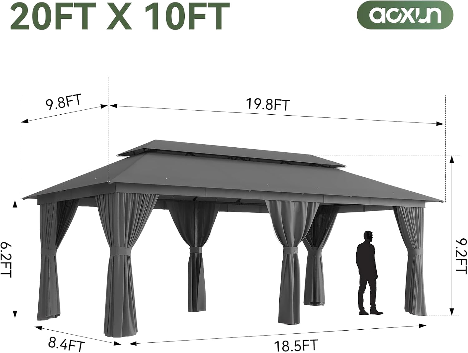Detalle de Aoxun G30067NEW 20' x 10' Outdoor Gazebo with Netting and Curtains