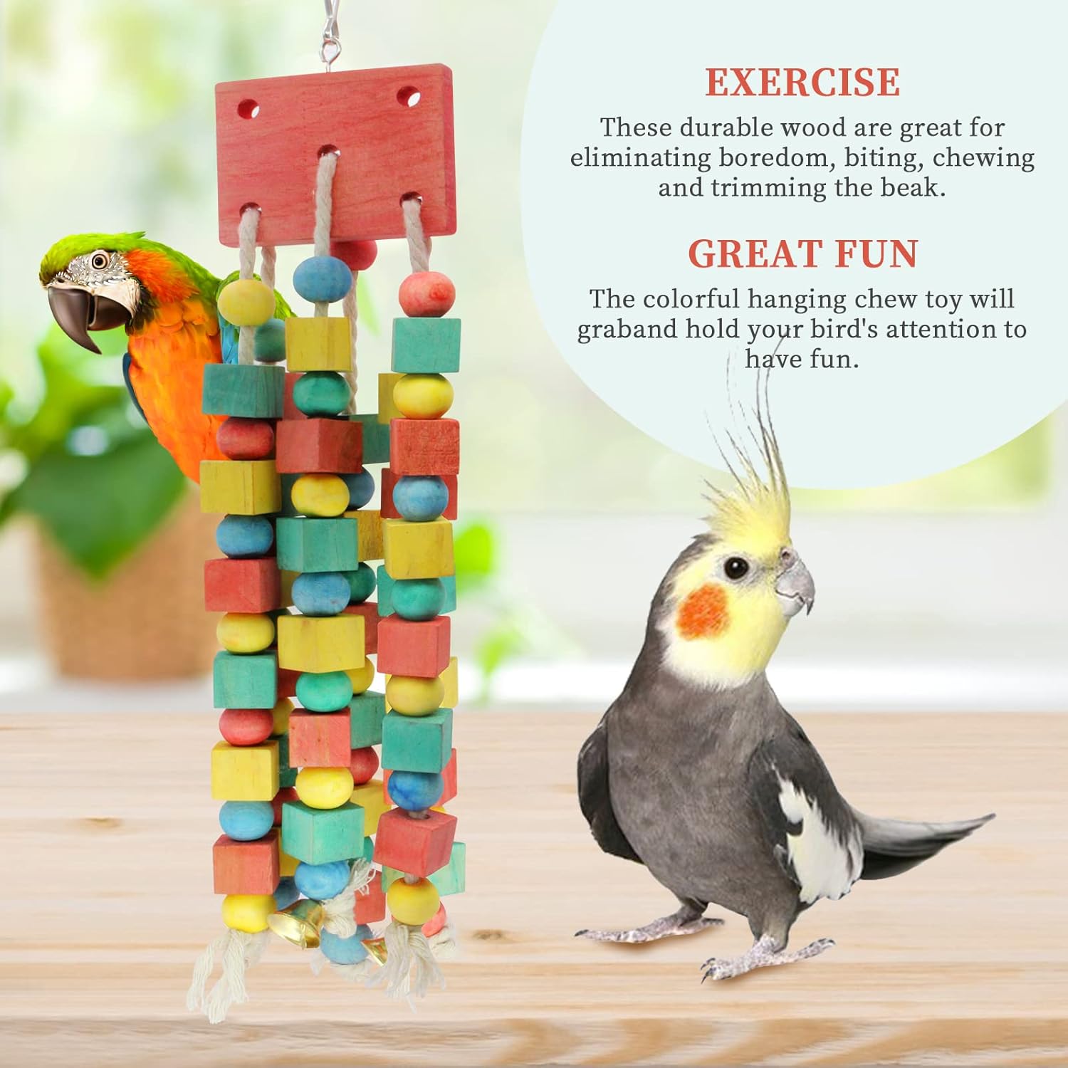 Detalle de MQUPIN Hanging Wooden Block Chewing Parrot Toy – Multicoloured Cage Bite for Parakeet, Budgie, Cockatiel, African Grey