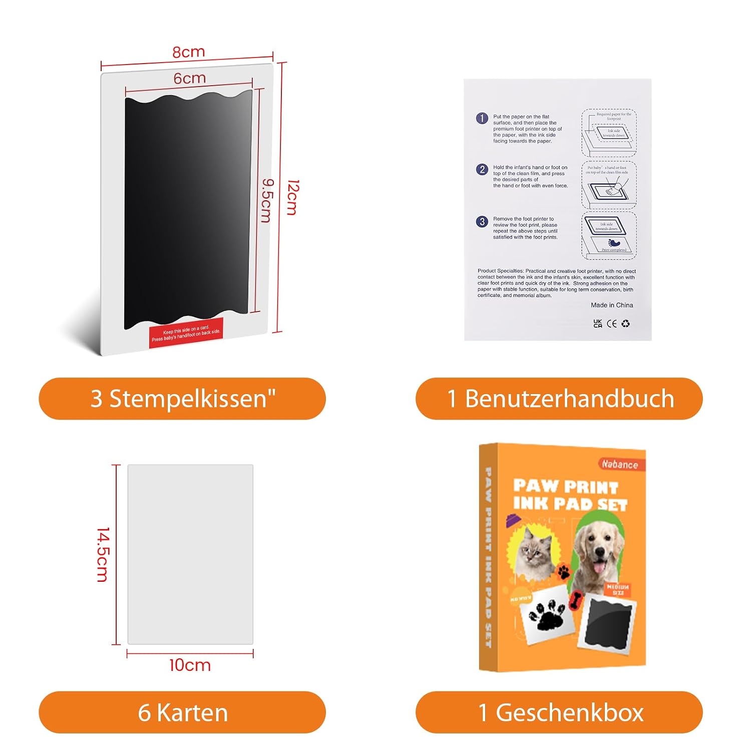 Detalle 2 de 3-teiliges Pfotenabdruck-Set für Baby, Hund & Katze (mit 6 Karten, 3 Stempelkissen) – Andenken zum Hundegeburtstag