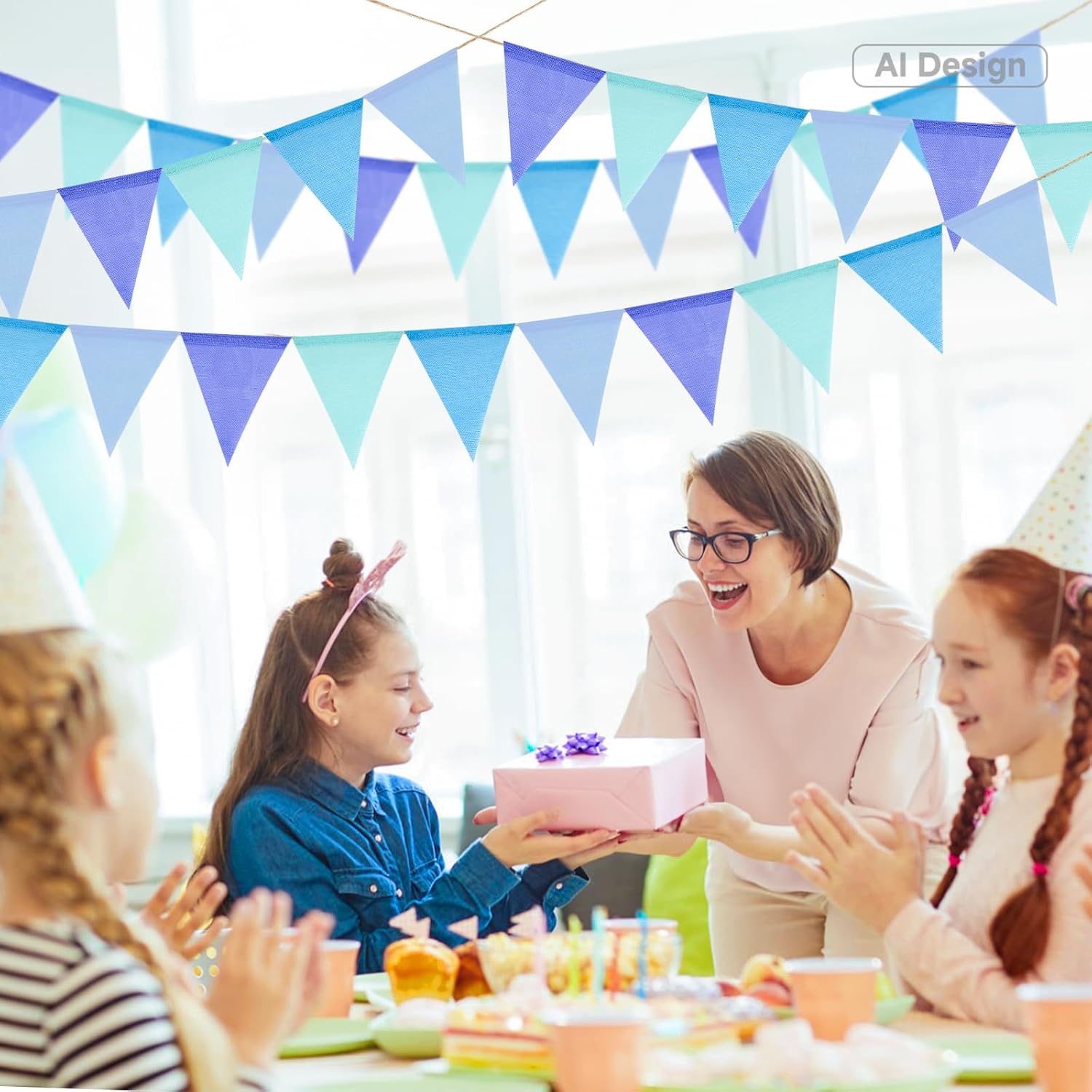 Detalle 2 de G2PLUS 20M Blue Burlap Bunting with 60 Pennants: Reusable Hessian Outdoor Banner for Parties and More