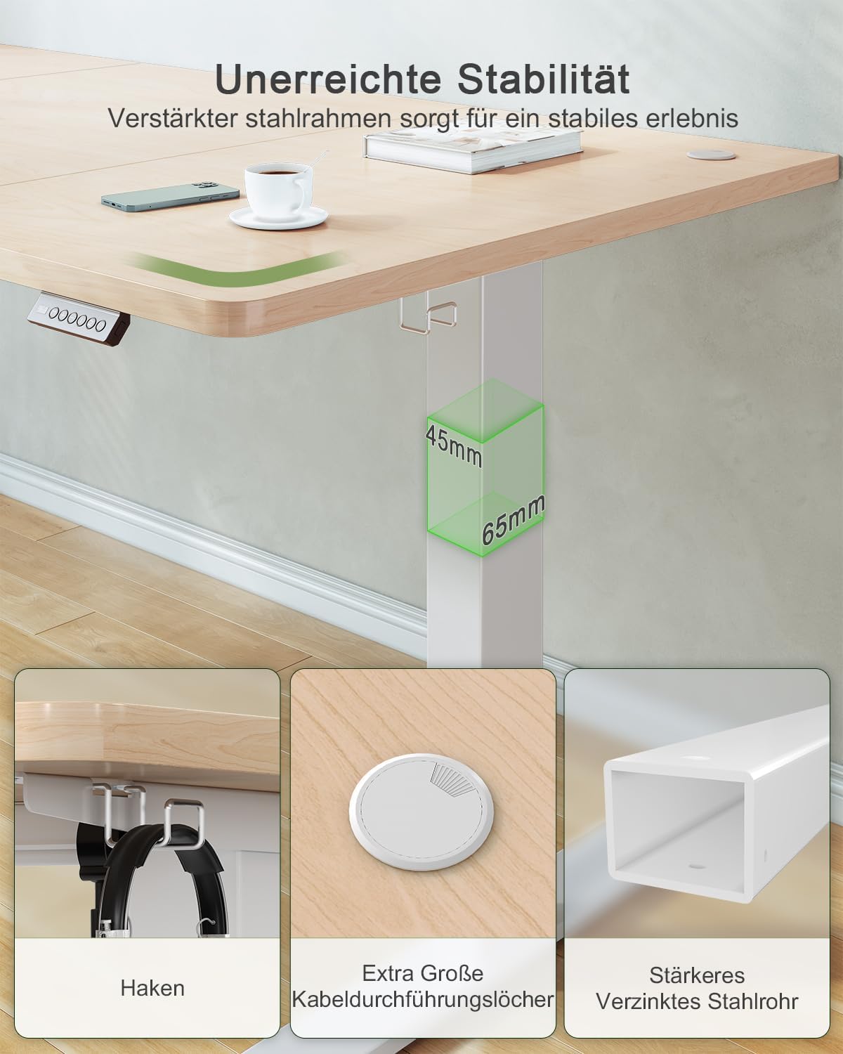 Detalle de JUMMICO elektrisch höhenverstellbarer Schreibtisch mit USB-Ladeanschluss 120 x 60 cm (beige)