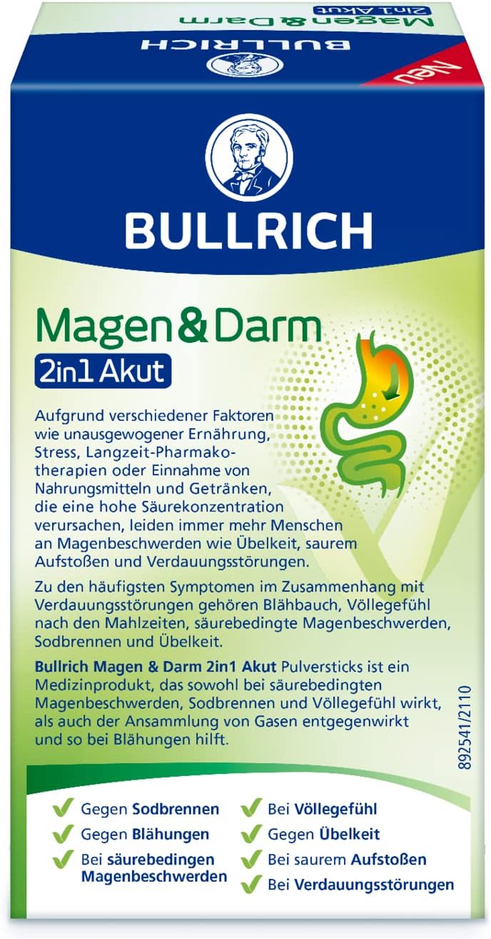 Detalle de Bullrich Magen & Darm 2in1 Akut – Akut gegen Sodbrennen & Blähungen, 12 Pulversticks (Packung mit 2) | Vegan