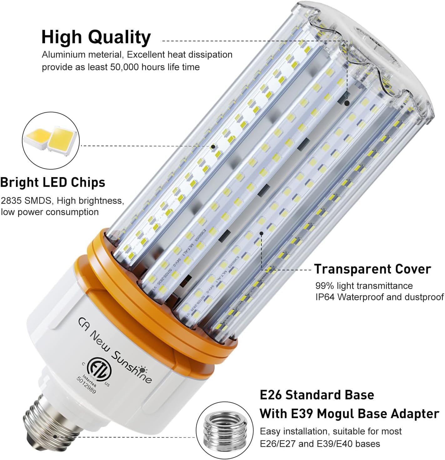 Detalle de CA New Sunshine 100W LED Corn Bulbs, 15,000 Lumens, 5000K, 2-Pack