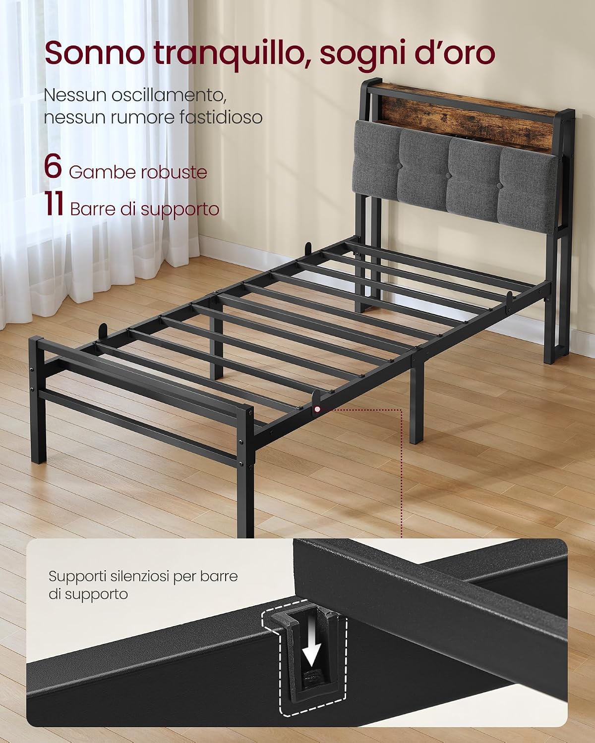 Thumbnail 6 de VASAGLE Struttura Letto Singolo in Acciaio con Luci LED e Prese – RMB122G101, Nero Opaco