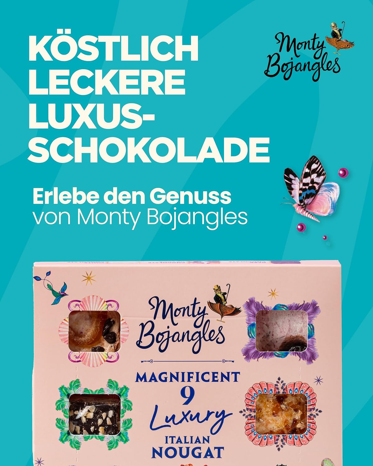 Detalle 2 de Monty Bojangles Magnificent Nougat Schokolade Geschenkset (9 Stück) mit 9 Sorten