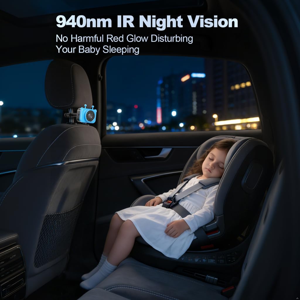 Detalle de Baby Kamera Auto für 2 Kinder – 7,2 Zoll Split-Screen Doppelkamera HD 1440P, 360° Drehbar, IR-Nachtsicht