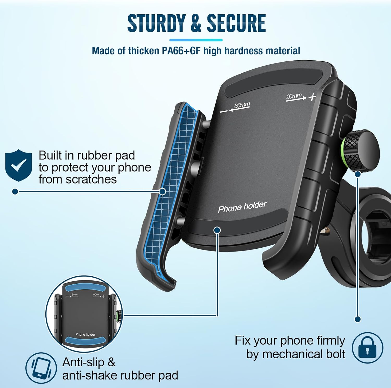 Detalle 2 de BTNEEU Support Téléphone Vélo et Moto – Support guidon universel 360° avec pas de sécurité renforcé