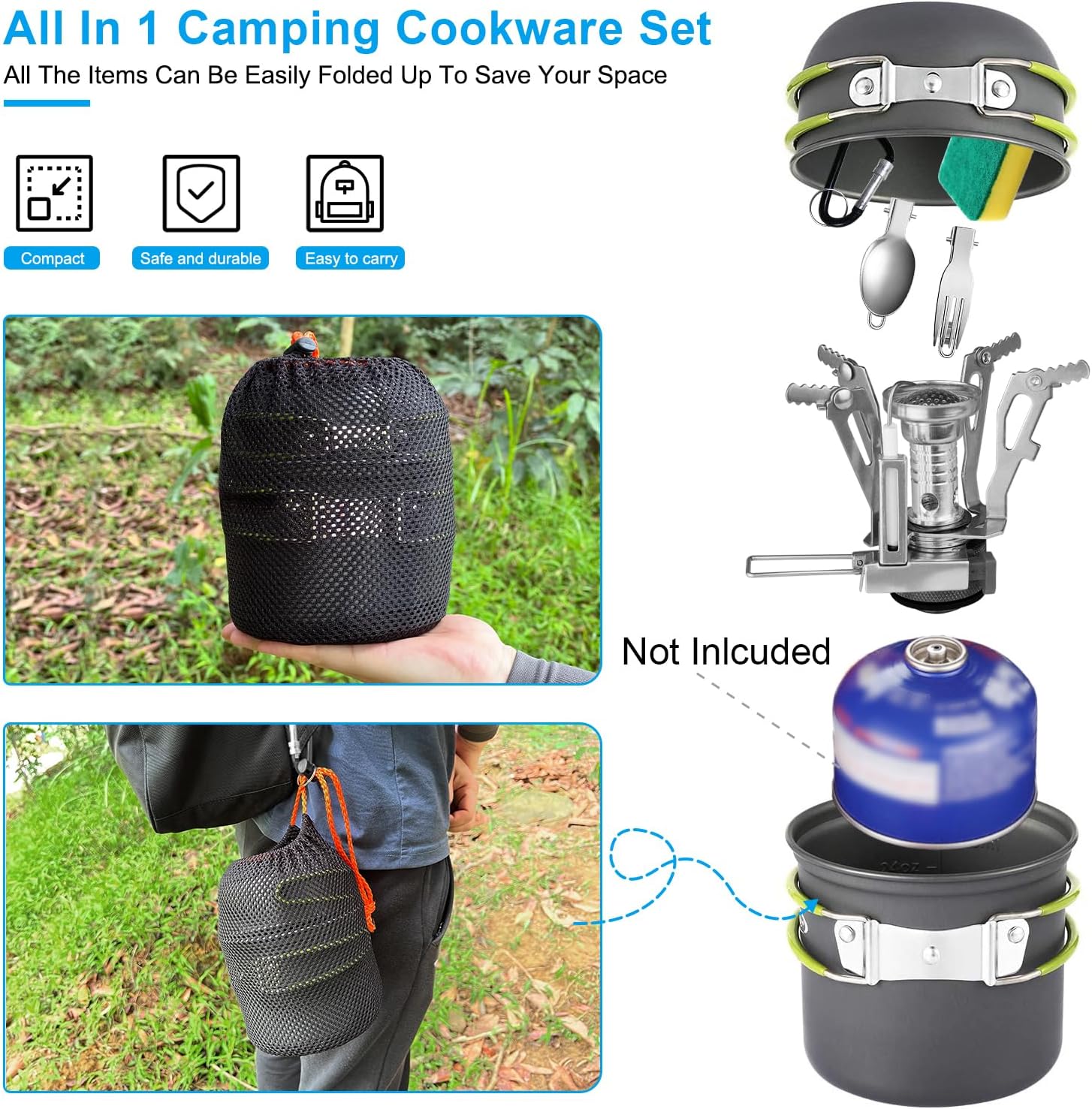 Detalle de AUTOPkio Camping Cooking Set for 1–2 People: non-stick folding pots and piezo stove kit