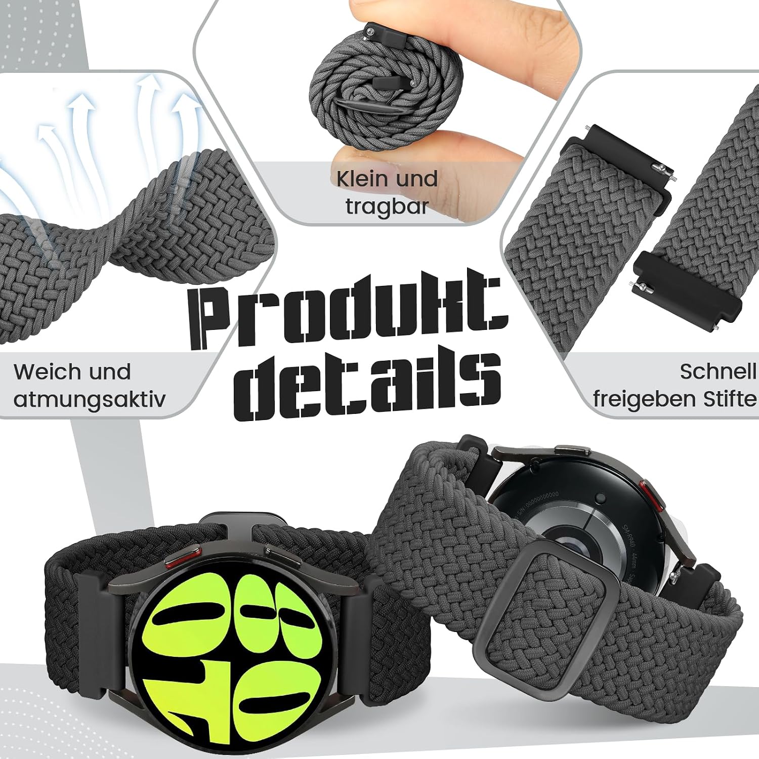 Detalle de Yunshare Geflochtenes elastisches Uhrenarmband 18–24 mm mit Schnelleverschluss – 3er Set