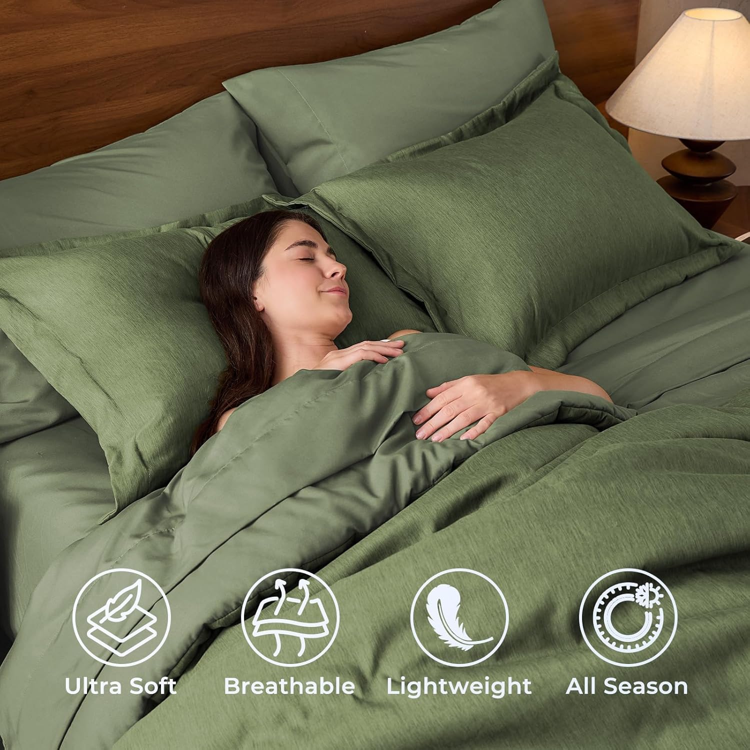 Detalle 2 de JOLLYVOGUE Queen 7-Piece Comforter Set, Dark Green, Double-Tone Microfibre