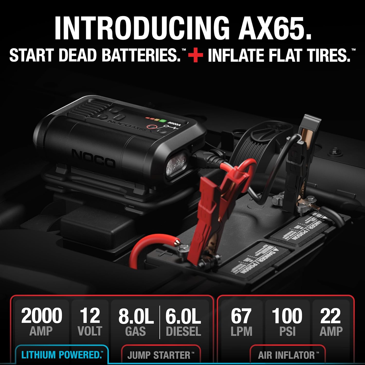 Detalle de NOCO Boost+Air AX65: avviatore 2000A con compressore per gonfiaggio e power bank