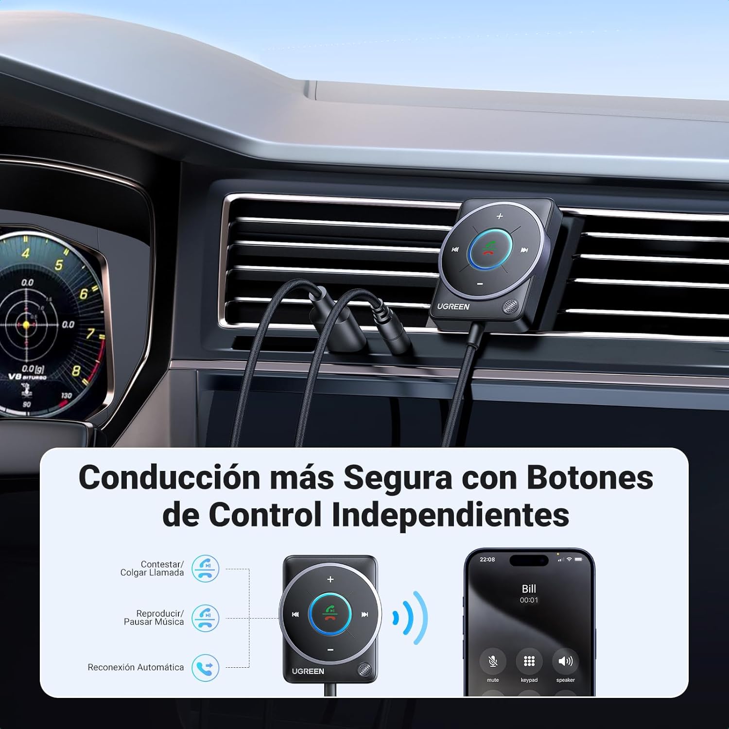 Detalle de UGREEN Receptor Bluetooth 5.4 Jack 3,5 mm para coche