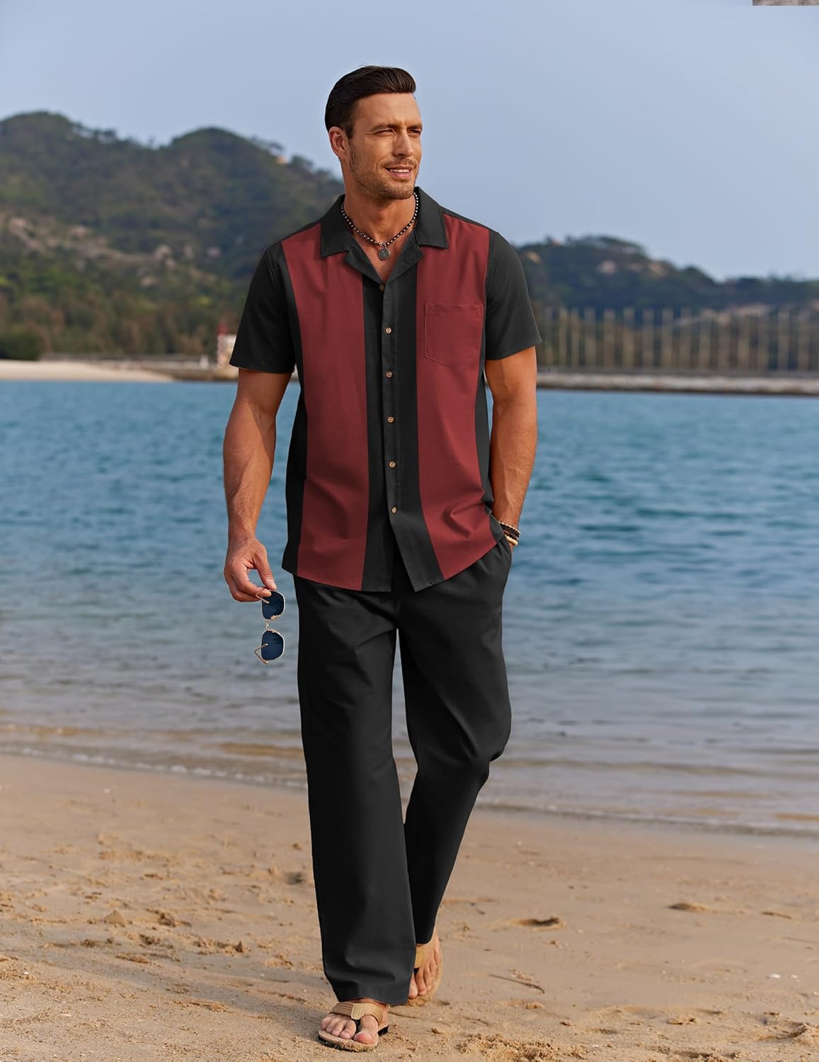 Thumbnail 1 de COOFANDY Men 2 Piece Linen Outfit: Beach Button-Down Shirt and Loose Pants Set