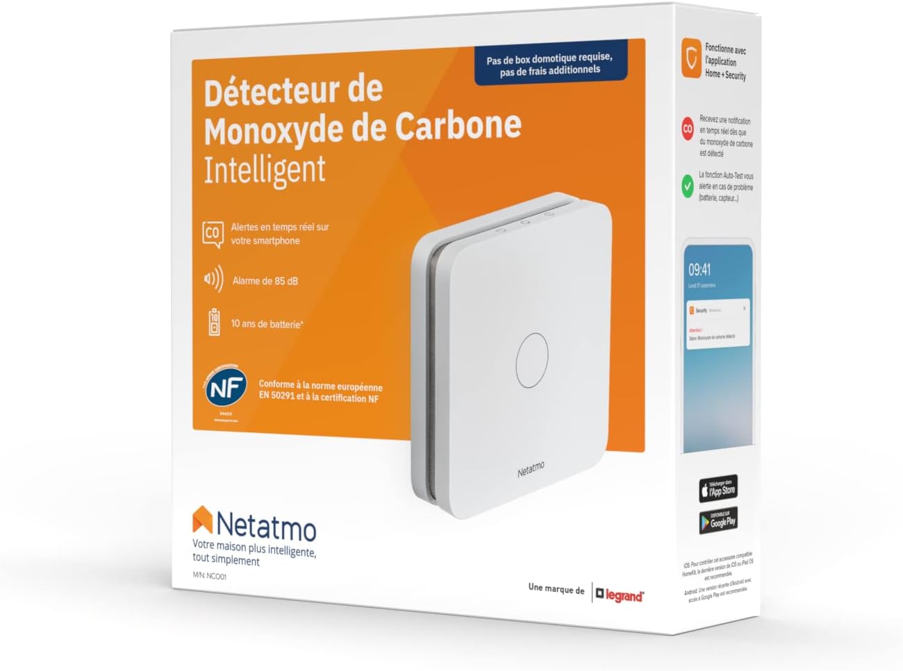 Detalle de Netatmo Détecteur de monoxyde de carbone intelligent 2,4 GHz Wi‑Fi (alarme 85 dB, batterie 10 ans)