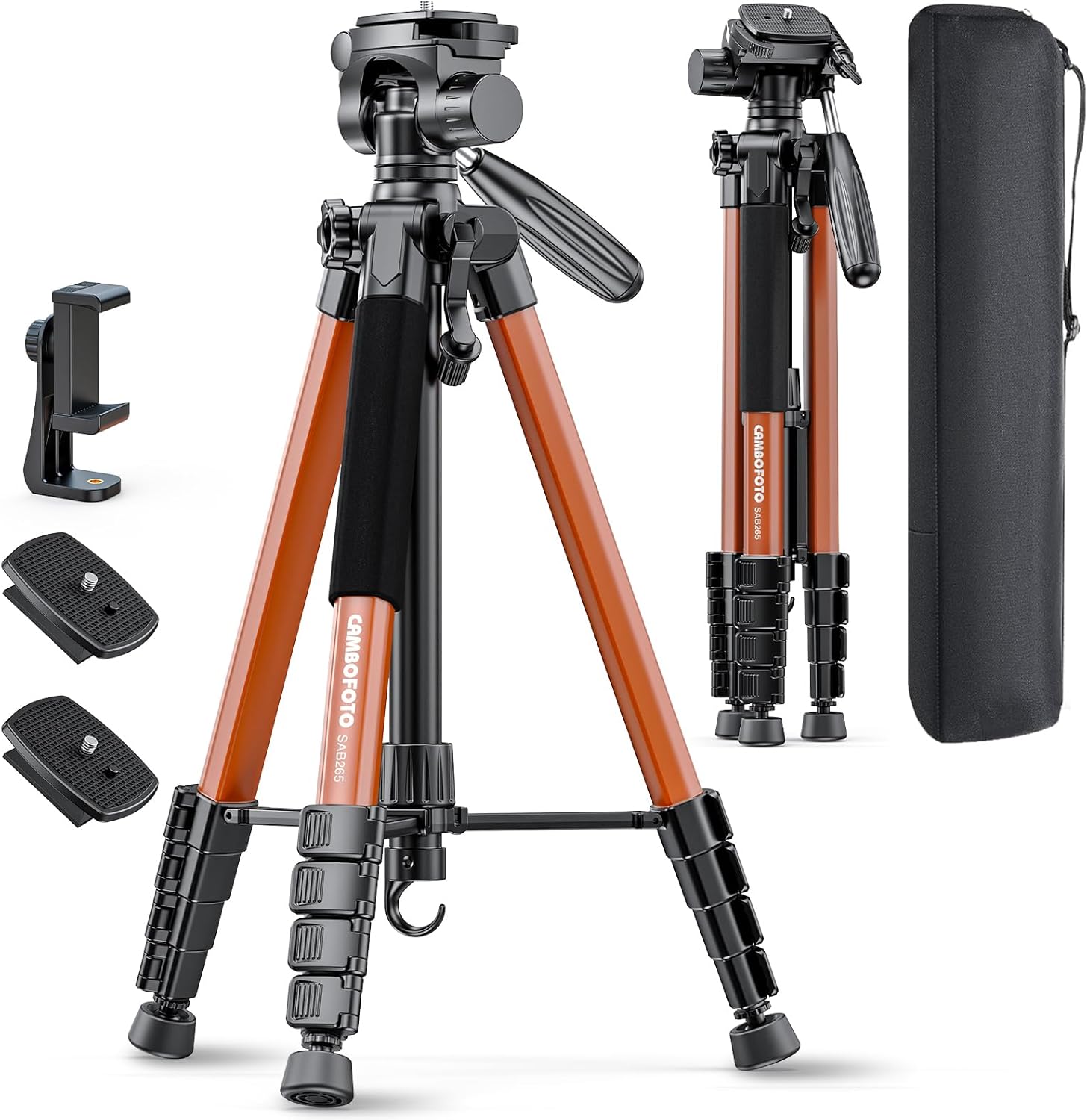 Detalle de CAMBOFOTO SAB265 74-Inch Camera Tripod, Orange Aluminum, 360° Pan Head