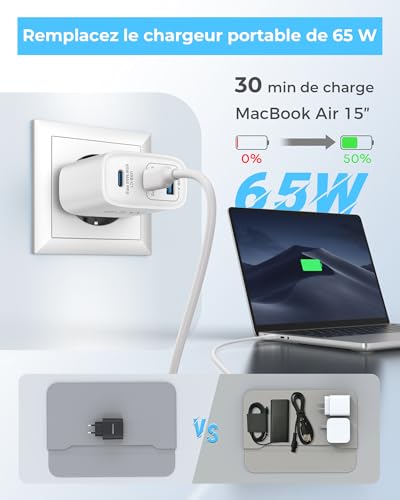 Thumbnail 1 de TOPADRE Chargeur USB-C 65W à 3 ports with GaN et câble 60W inclus