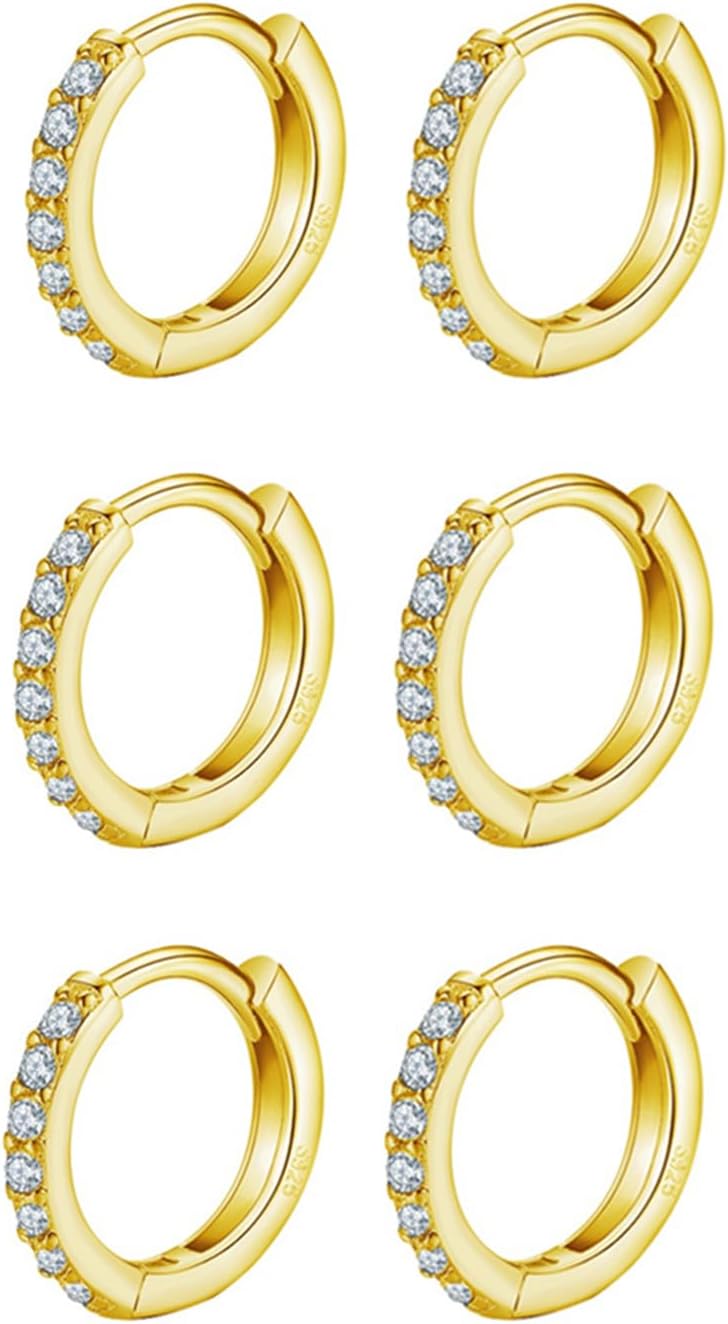 Detalle de HUABOLA CALYN 3 Paar Creolen aus 925 Sterling Silber mit Zirkonia – hypoallergenes Set für Damen, Herren & Jugendliche