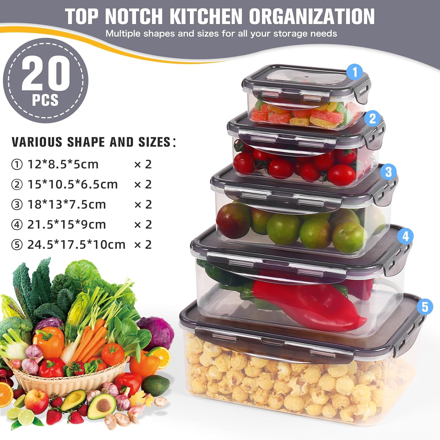 Detalle de Rainberg 20-Piece Food Storage Containers Set: Airtight, Leak-Proof and Stackable