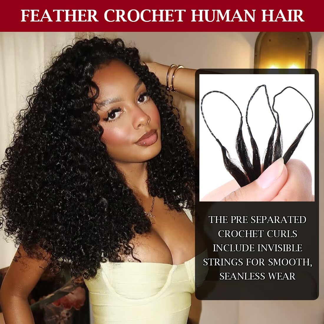 Detalle 2 de Miracle Invisible Knots Feather Crochet Hair 18in, 55g—Pre-Looped, Natural Wave