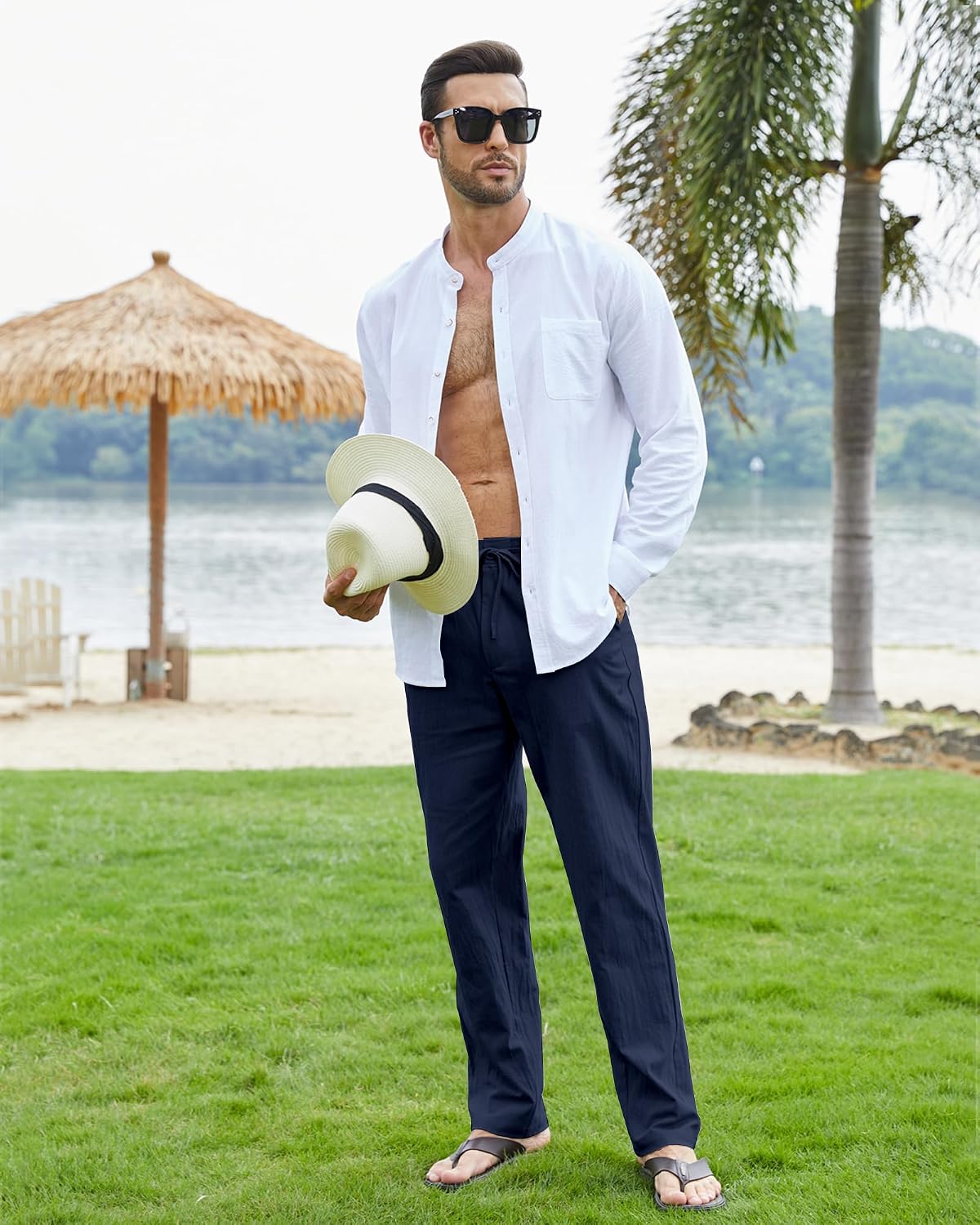 Detalle de NANAMEEI Pantalon lin homme été – pantalon de plage casual, élastique avec cordon