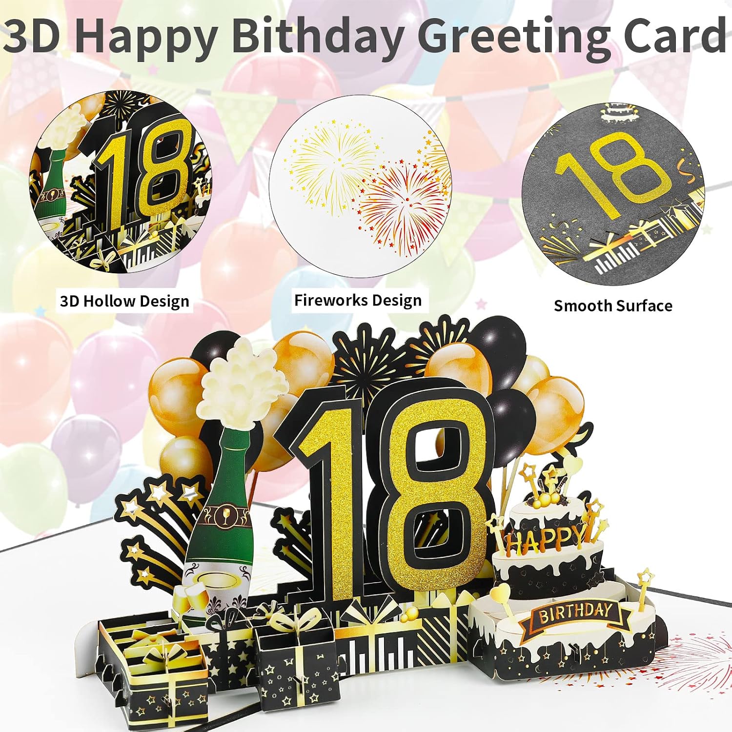Detalle de Joyoldelf, Biglietto di Auguri di Compleanno per 18° con pop-up 3D e Busta – Omaggio elegante per festeggiare