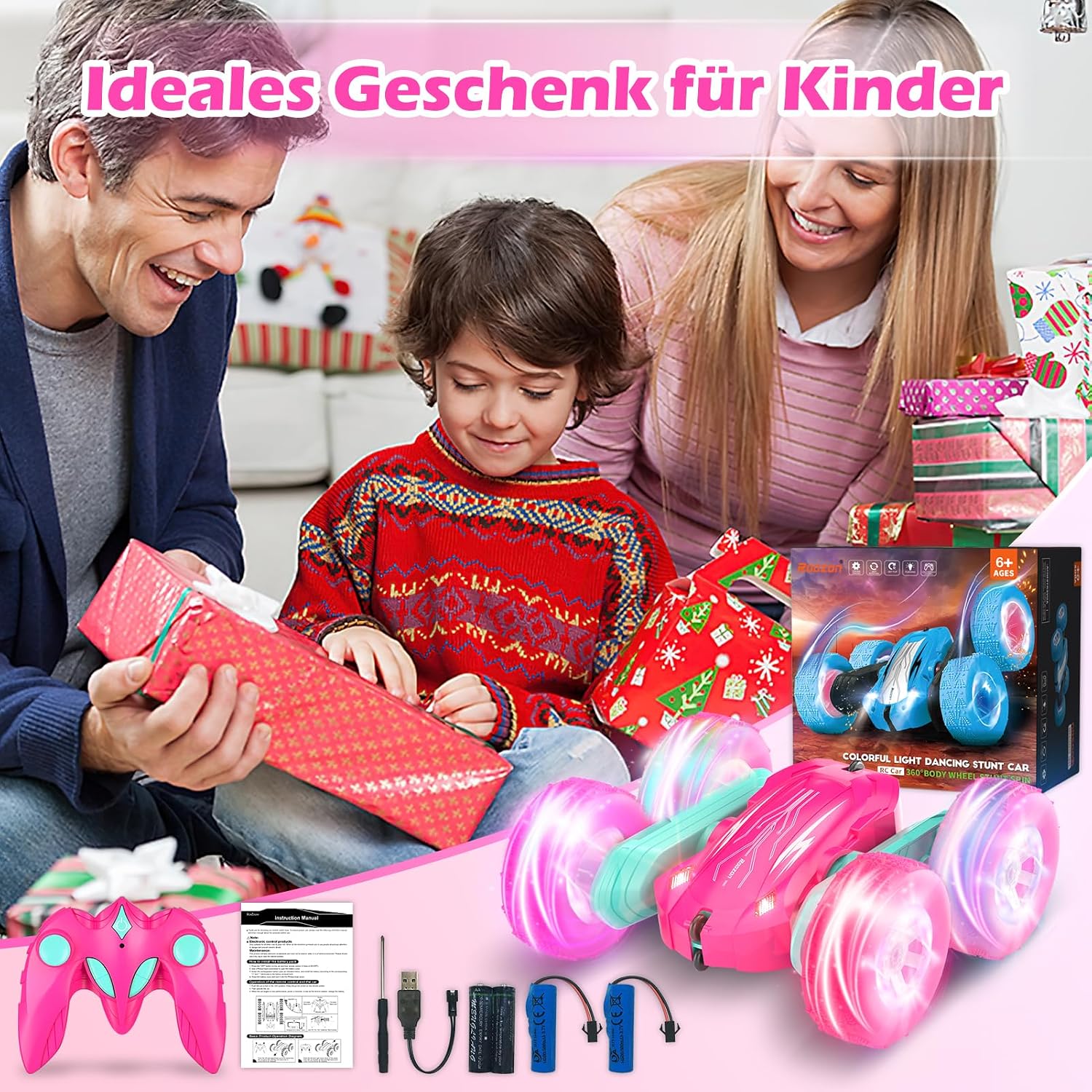 Detalle 2 de Rodzon Ferngesteuertes Auto Crawler 4WD Rosa – LED-Licht, 360° Flip, 2x Aufladebatterien