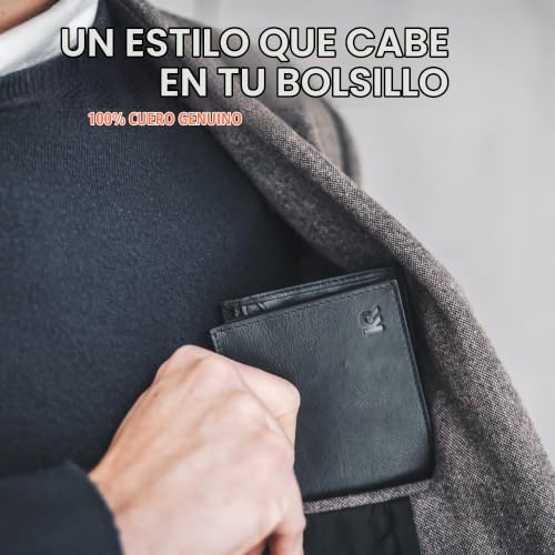 Detalle de KRONIFY cartera de piel auténtica Nappa negra con protección RFID y 13 compartimentos