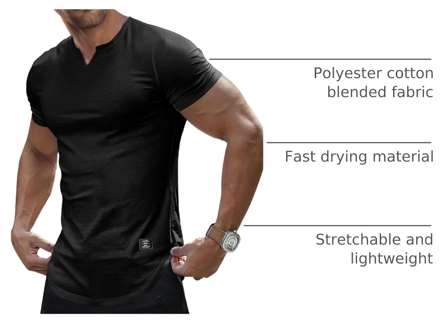 Thumbnail 3 de JMIERR Men’s Muscle Slim V-Neck Longline Henley Gym Workout T-Shirt