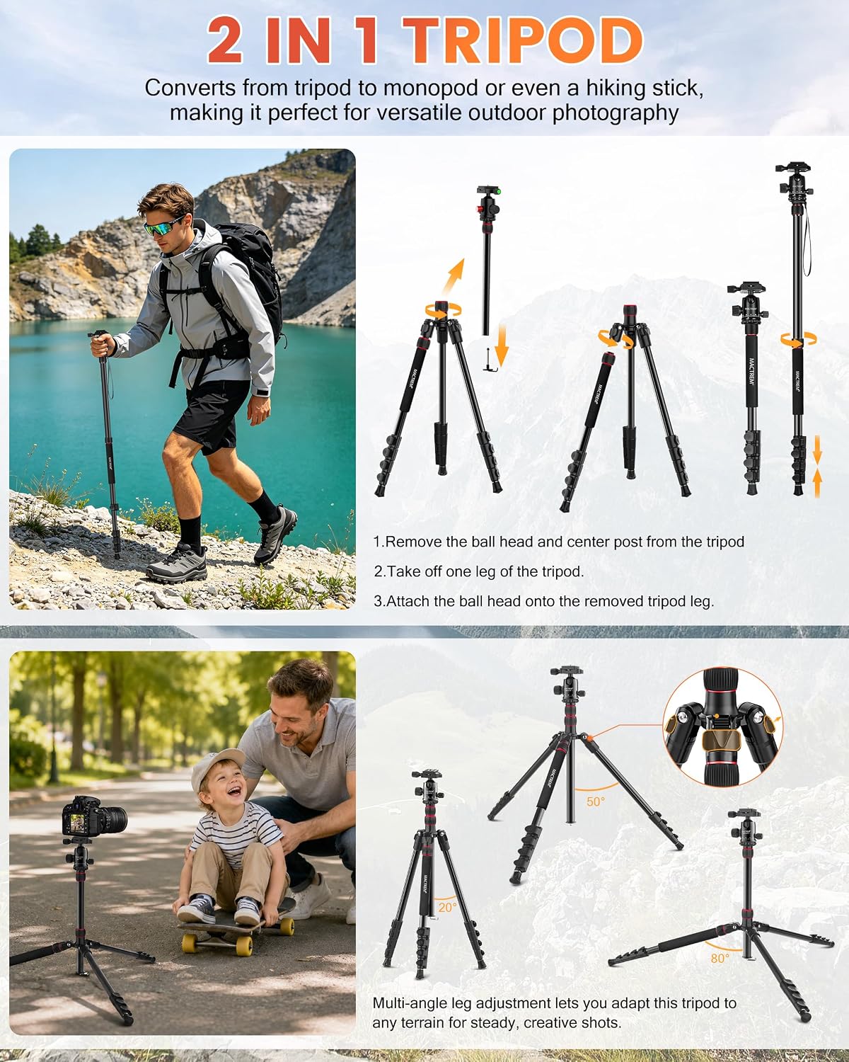 Thumbnail 3 de MACTREM 80 Inch Camera Tripod for DSLR