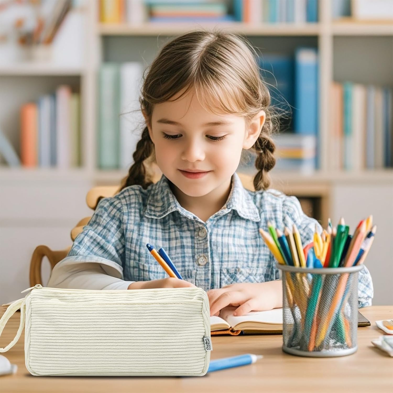Thumbnail 5 de Boziee Cord-Stoff Federmäppchen mit Doppel-Reißverschluss (Beige) – für Schule & Büro