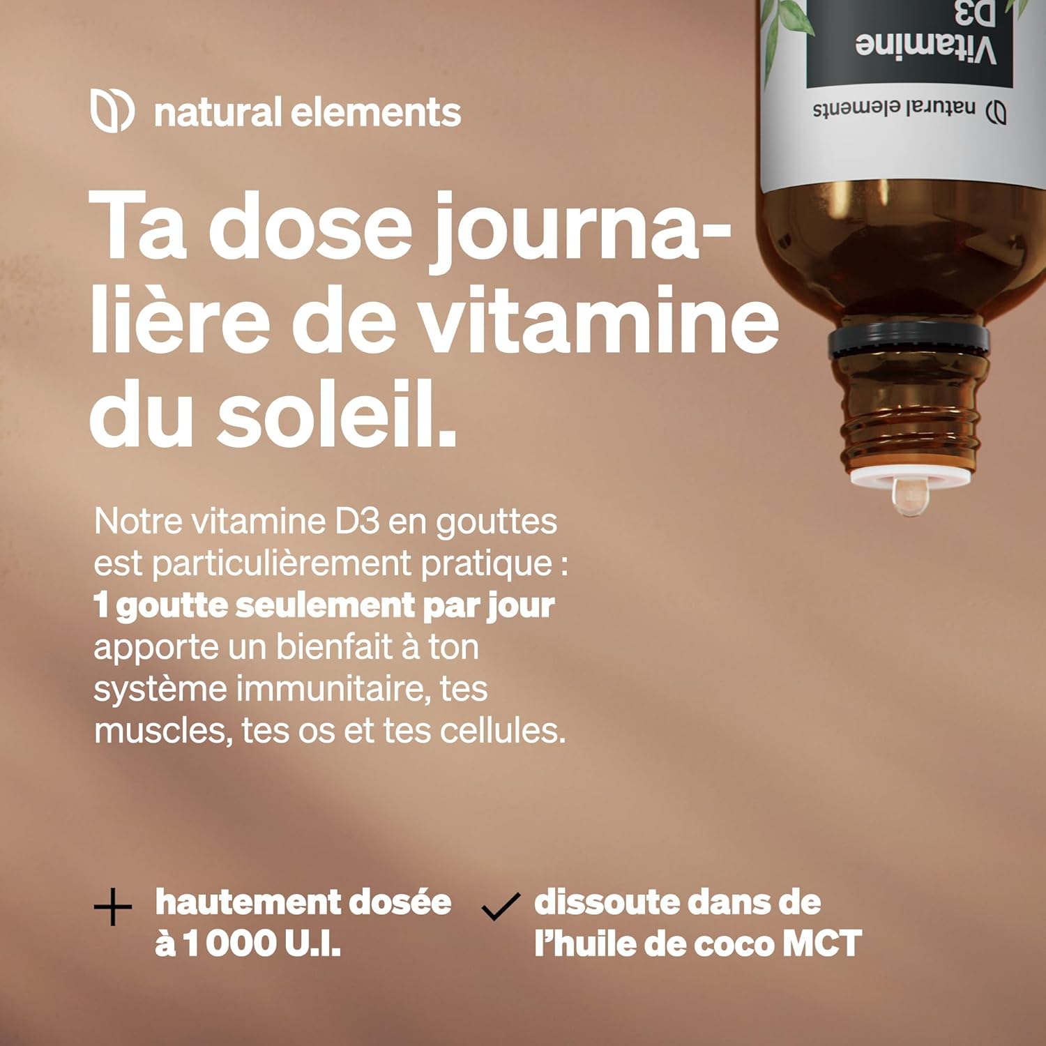 Detalle de Natural Elements Vitamine D3 1000 U.I. en gouttes – 50 ml (huile de coco TCM), fortement dosée